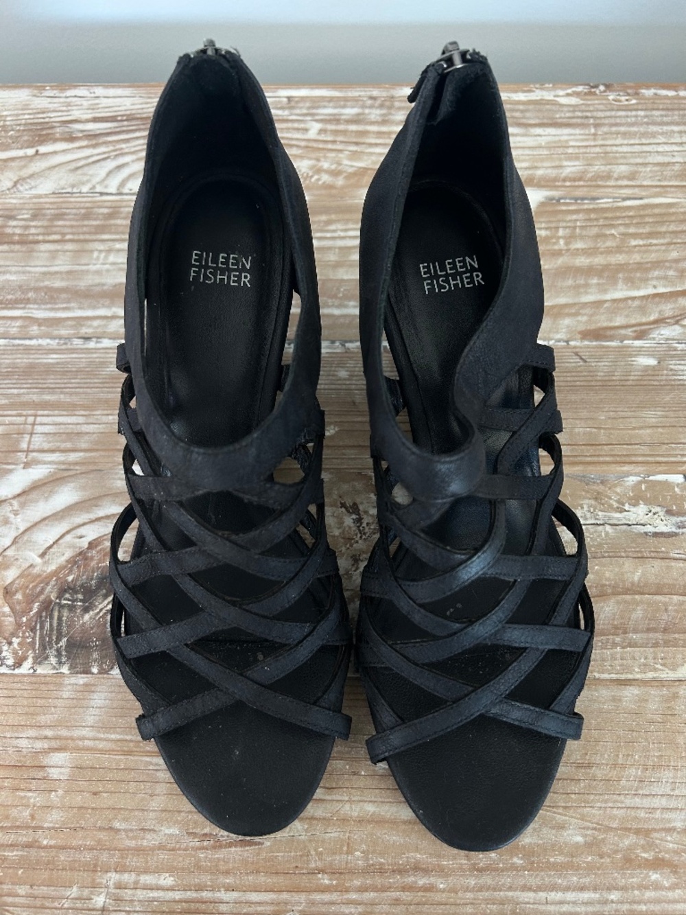 Eileen Fisher Black Leather Cage Lattice Wedges Sz 9.5